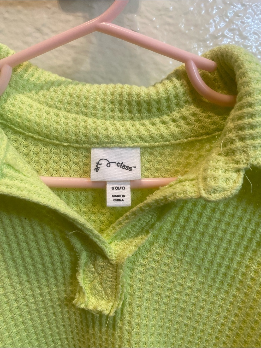 Neon Lime Waffle Knit Collared Pullover - Picture 3 of 4